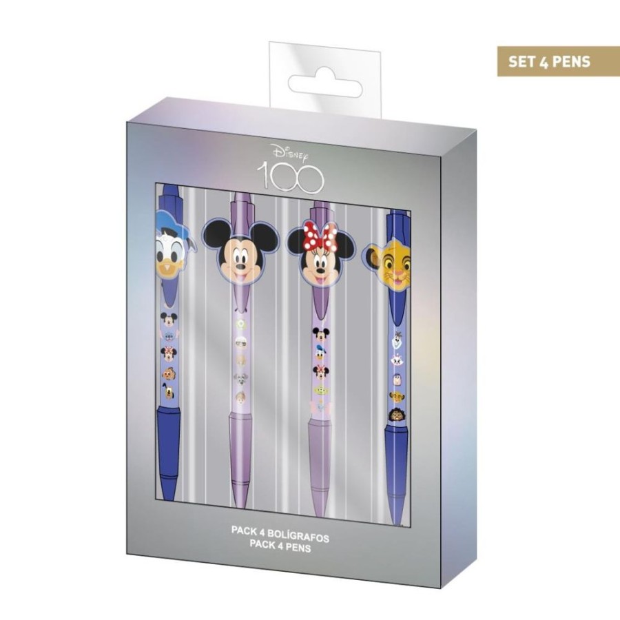 Cerda | Disney 100 Ans - Personnages - Set De 4 Stylos A Bille